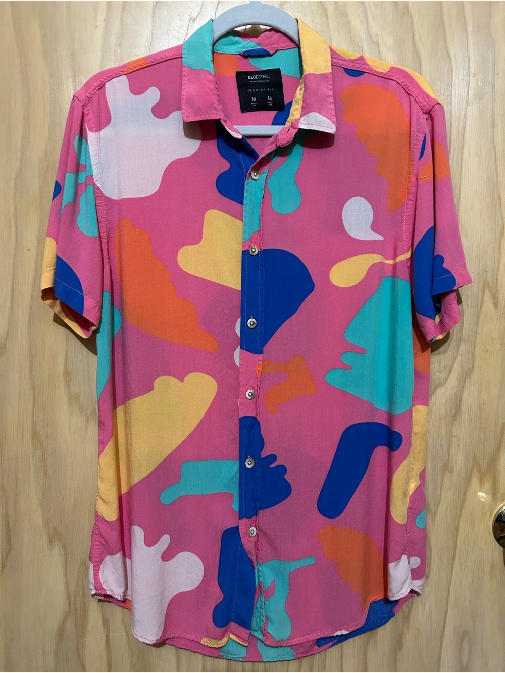 Blue Steel Vintage Quirky Colorful Camo Short-Sleeve Button-Down Shirt